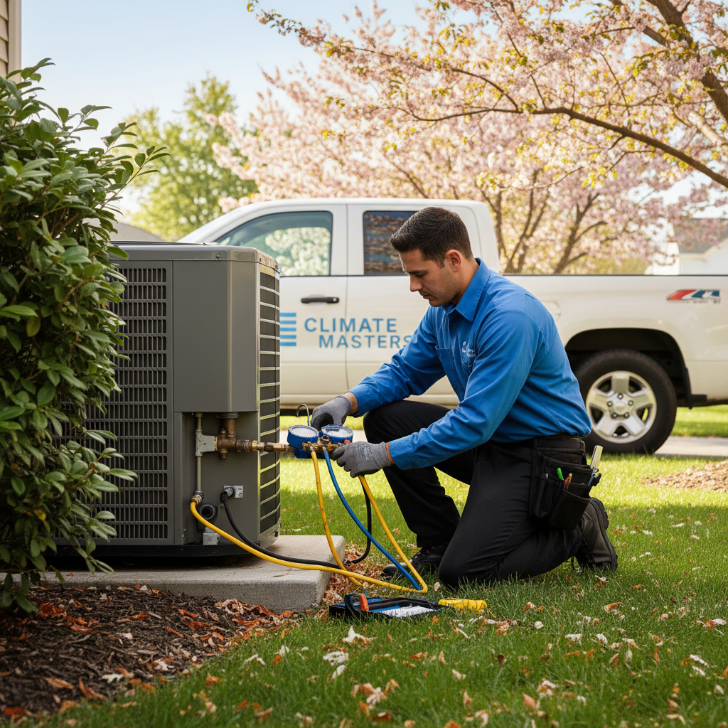 Professional HVAC technician working on an outdoor heating and cooling unit